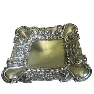 Vintage Art Nouveau Silver Tone Intricate Floral Scrollwork Motifs Square Tray